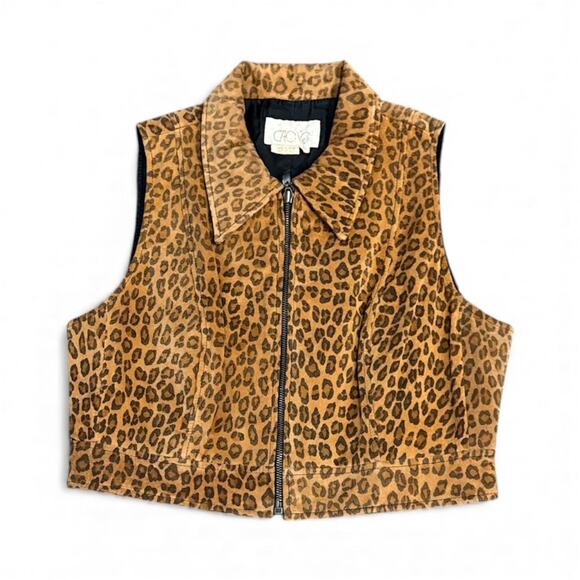 VINTAGE CACHE ANIMAL PRINT LEATHER CROPPED VEST SZ L - Picture 1 of 3
